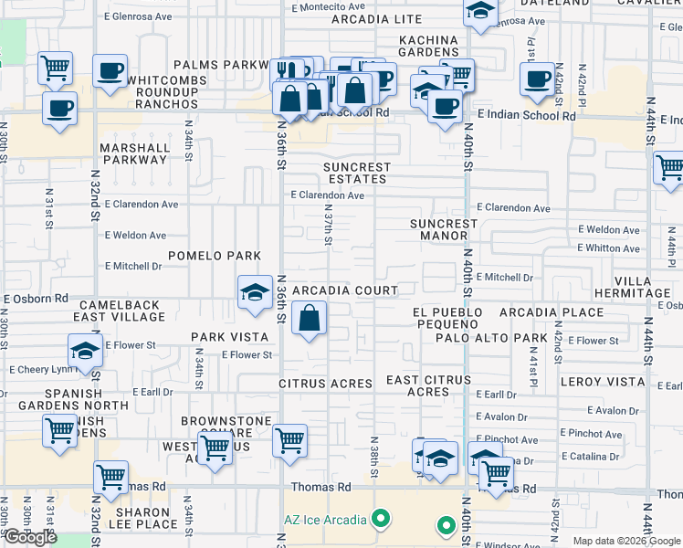 map of restaurants, bars, coffee shops, grocery stores, and more near 3432 North 37th Street in Phoenix