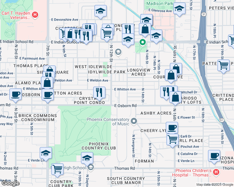map of restaurants, bars, coffee shops, grocery stores, and more near 3515 North 12th Street in Phoenix