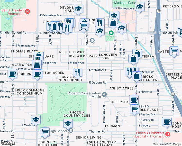 map of restaurants, bars, coffee shops, grocery stores, and more near 3515 North 12th Street in Phoenix
