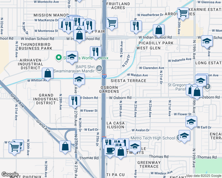 map of restaurants, bars, coffee shops, grocery stores, and more near 3432 North 24th Drive in Phoenix