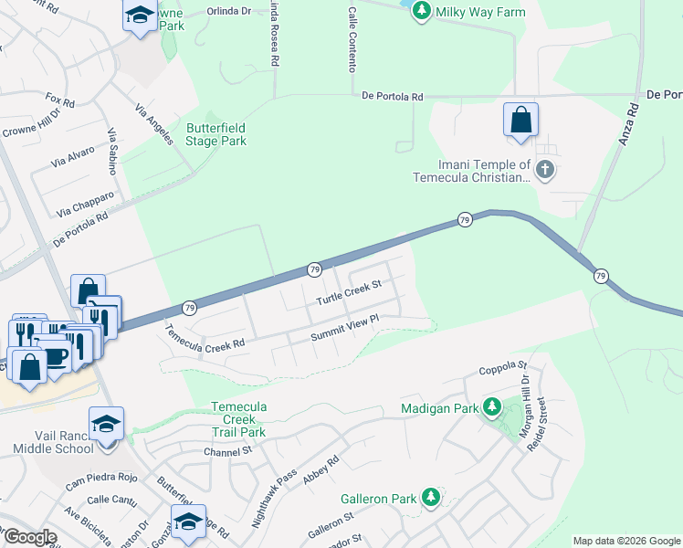 map of restaurants, bars, coffee shops, grocery stores, and more near 33964 Tuscan Creek Way in Temecula