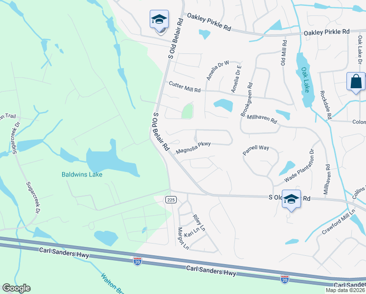 map of restaurants, bars, coffee shops, grocery stores, and more near 2019 Magnolia Parkway in Grovetown