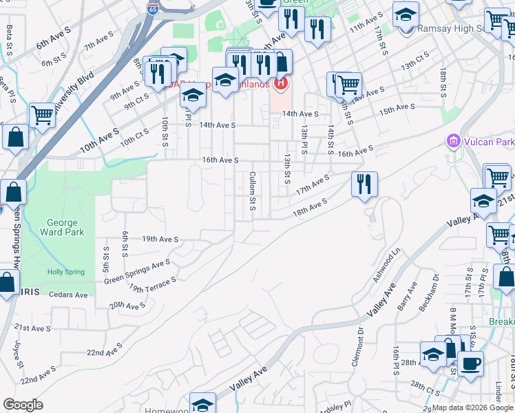 map of restaurants, bars, coffee shops, grocery stores, and more near 1705 Cullom Street South in Birmingham