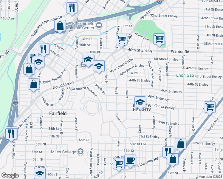 map of restaurants, bars, coffee shops, grocery stores, and more near 821 45th Street Ensley in Birmingham