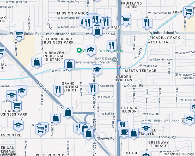 map of restaurants, bars, coffee shops, grocery stores, and more near 3535 North 27th Avenue in Phoenix