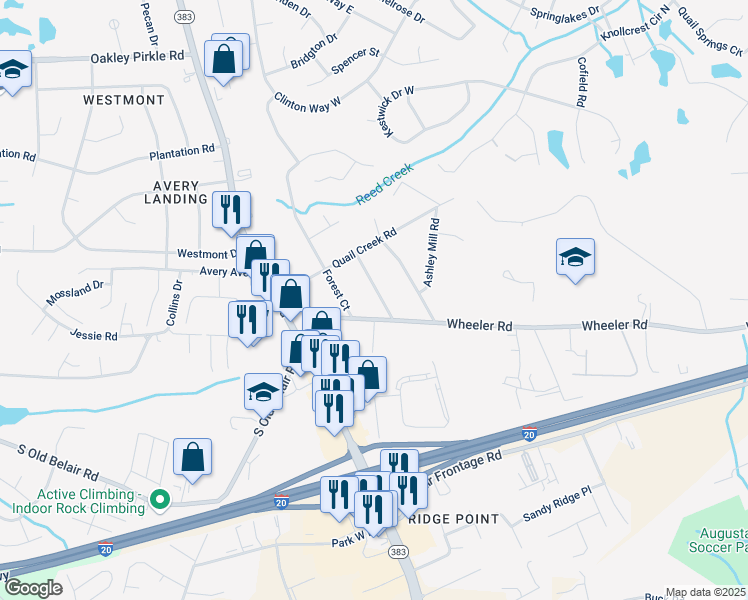 map of restaurants, bars, coffee shops, grocery stores, and more near 361 Paces Ferry Road in Martinez