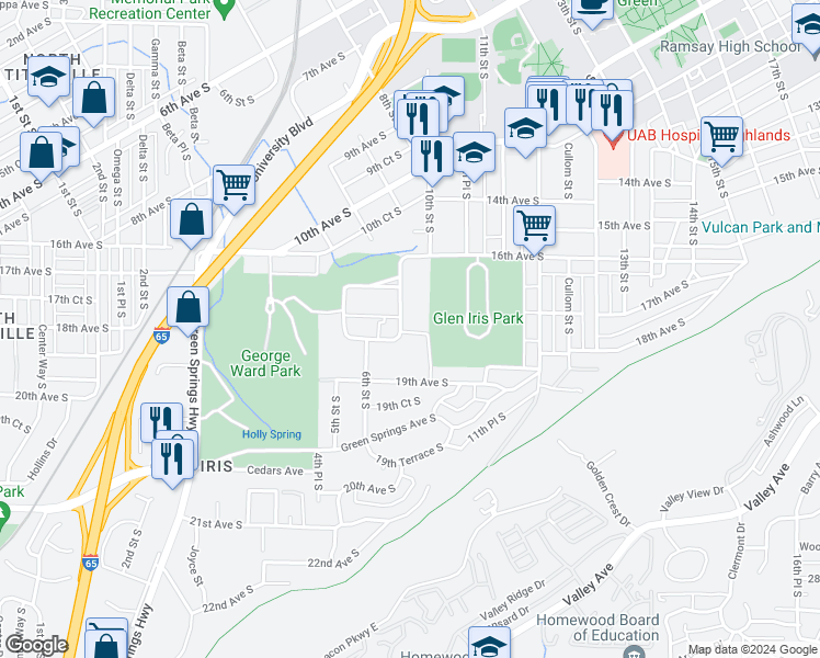 map of restaurants, bars, coffee shops, grocery stores, and more near 667 Idlewild Circle in Birmingham