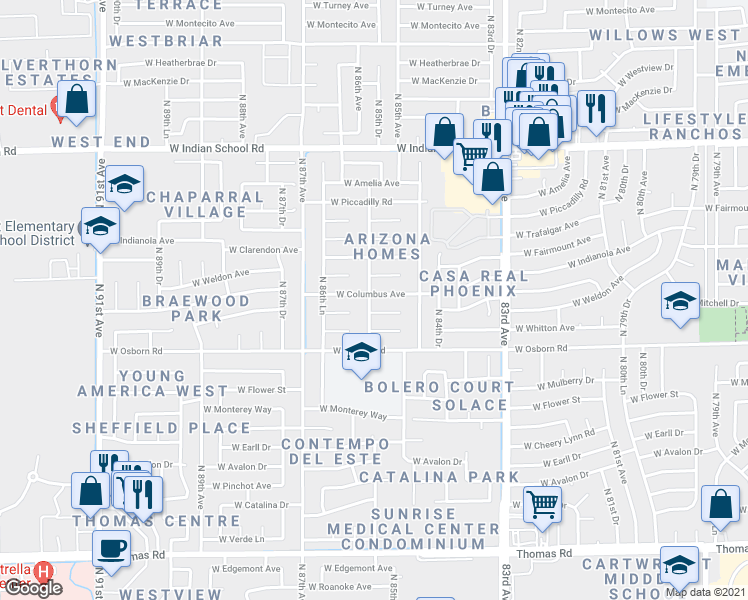 map of restaurants, bars, coffee shops, grocery stores, and more near 8521 W Columbus Ave in Phoenix