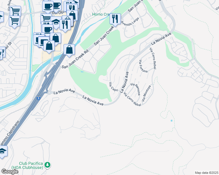 map of restaurants, bars, coffee shops, grocery stores, and more near 27335 Paseo Laguna in San Juan Capistrano