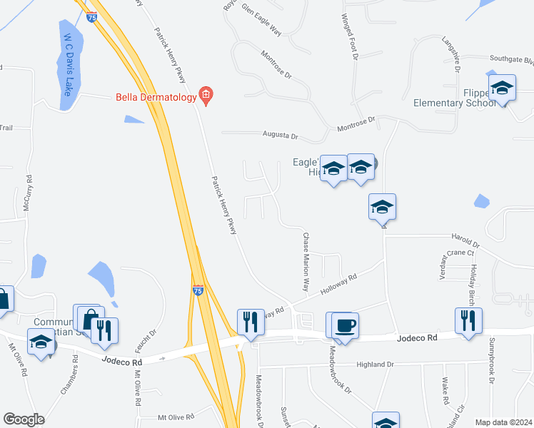 map of restaurants, bars, coffee shops, grocery stores, and more near 1131 Collyns Court in McDonough