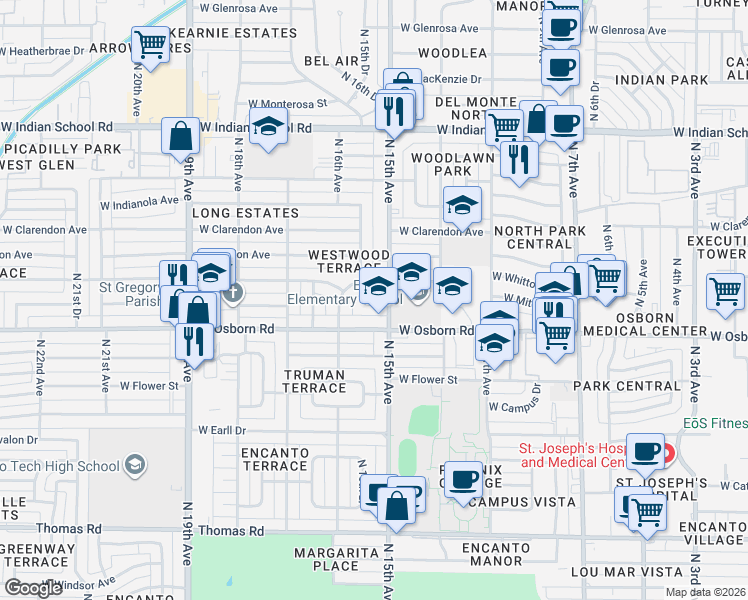 map of restaurants, bars, coffee shops, grocery stores, and more near 1514 West Mitchell Drive in Phoenix