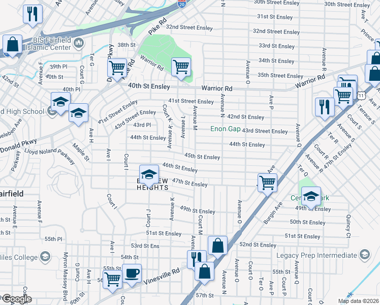 map of restaurants, bars, coffee shops, grocery stores, and more near 1208 45th Street Ensley in Birmingham