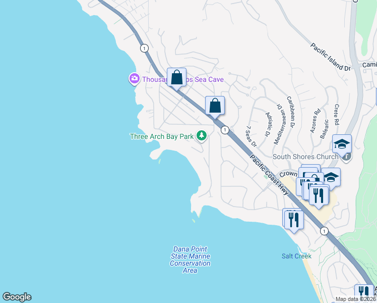 map of restaurants, bars, coffee shops, grocery stores, and more near 33 Bay Drive in Laguna Beach