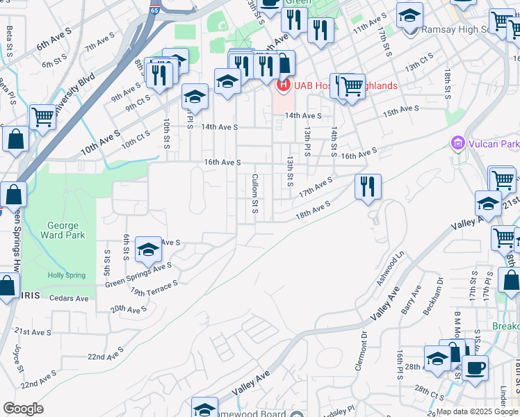 map of restaurants, bars, coffee shops, grocery stores, and more near 1705 Cullom Street South in Birmingham