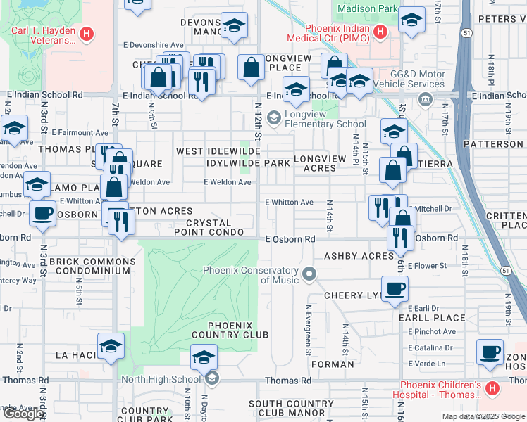 map of restaurants, bars, coffee shops, grocery stores, and more near 3515 North 12th Street in Phoenix