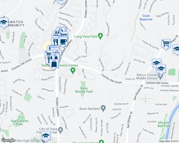 map of restaurants, bars, coffee shops, grocery stores, and more near 6 Terraza Del Mar in Dana Point