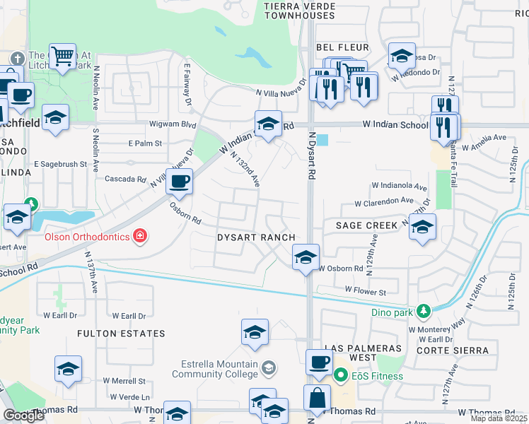 map of restaurants, bars, coffee shops, grocery stores, and more near 13150 West Indianola Avenue in Litchfield Park