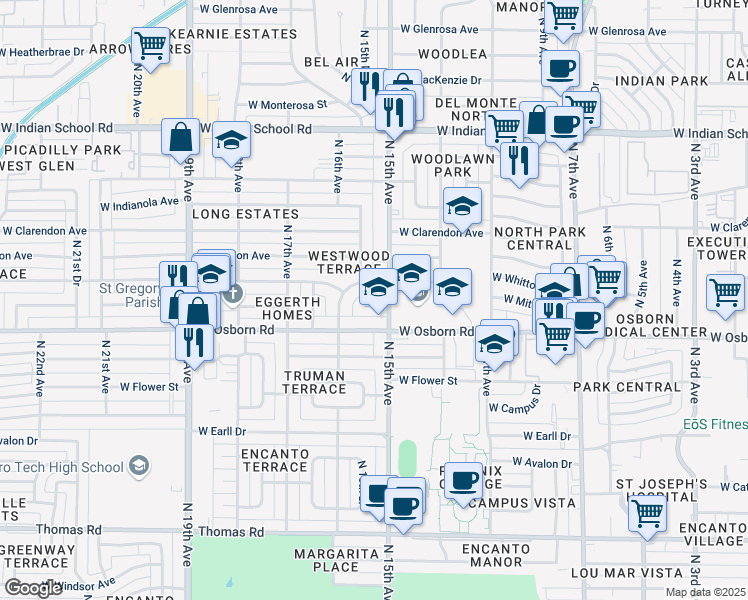 map of restaurants, bars, coffee shops, grocery stores, and more near 1514 West Mitchell Drive in Phoenix