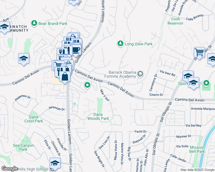 map of restaurants, bars, coffee shops, grocery stores, and more near 6 Terraza Del Mar in Dana Point
