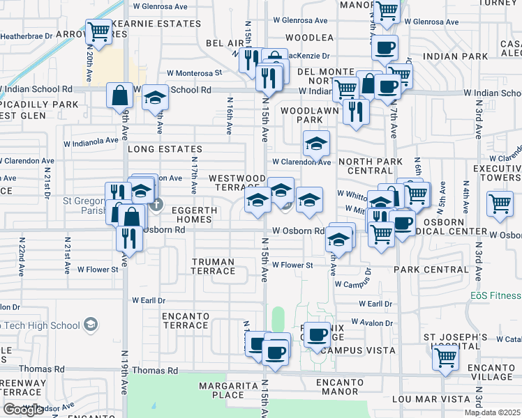 map of restaurants, bars, coffee shops, grocery stores, and more near 1514 West Mitchell Drive in Phoenix