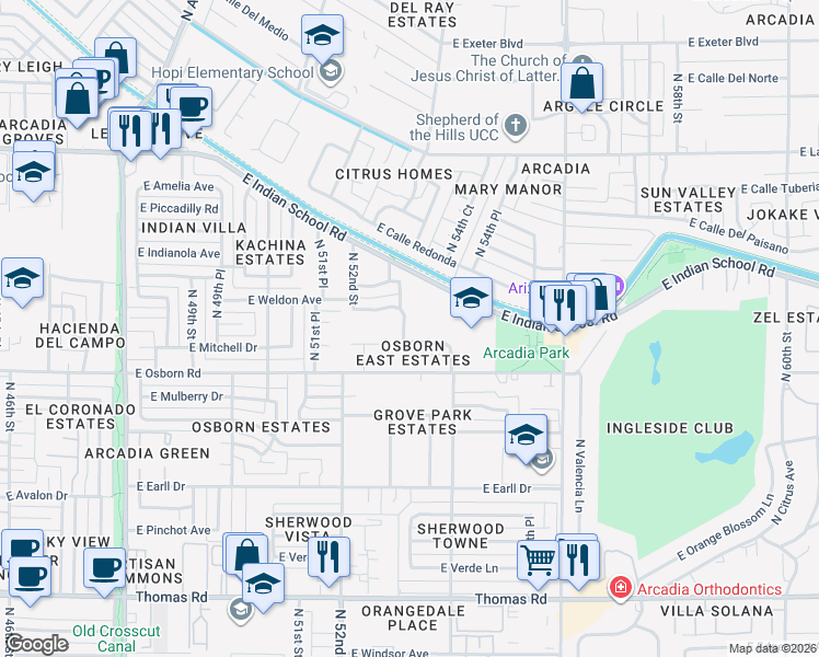 map of restaurants, bars, coffee shops, grocery stores, and more near 3433 North 53rd Street in Phoenix