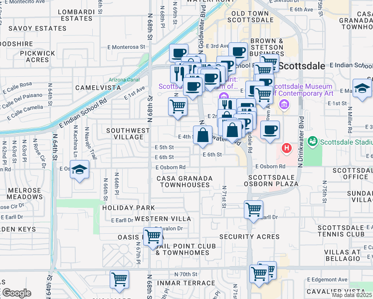 map of restaurants, bars, coffee shops, grocery stores, and more near 6925 East 5th Street in Scottsdale