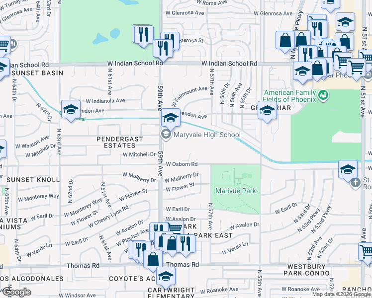 map of restaurants, bars, coffee shops, grocery stores, and more near 3415 North 59th Avenue in Phoenix