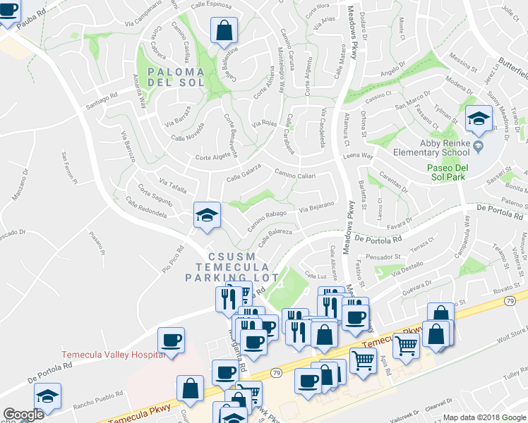 map of restaurants, bars, coffee shops, grocery stores, and more near 32052 Camino Rabago in Temecula