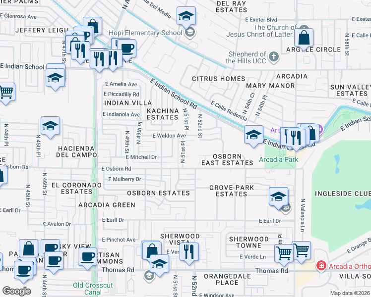 map of restaurants, bars, coffee shops, grocery stores, and more near 5127 East Whitton Avenue in Phoenix
