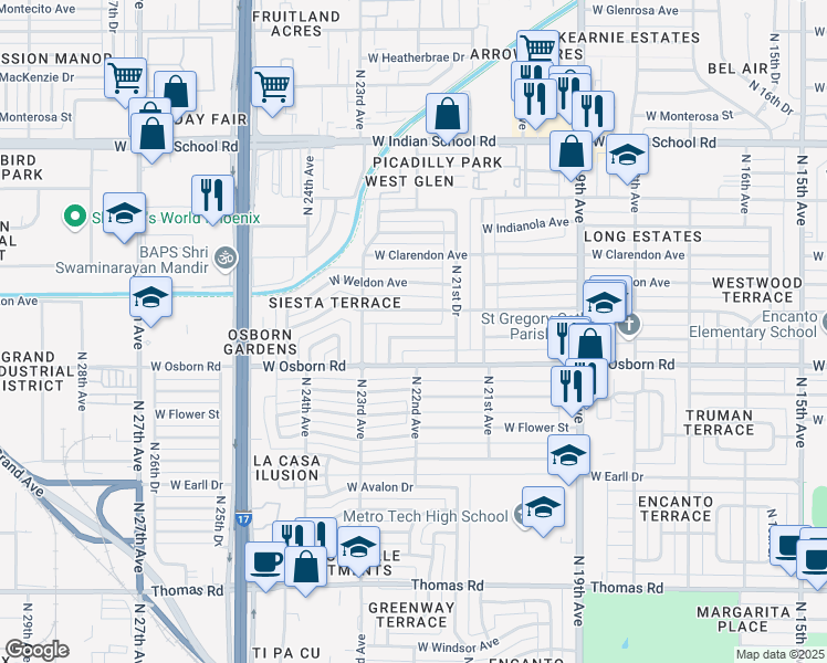 map of restaurants, bars, coffee shops, grocery stores, and more near 2202 West Mitchell Drive in Phoenix