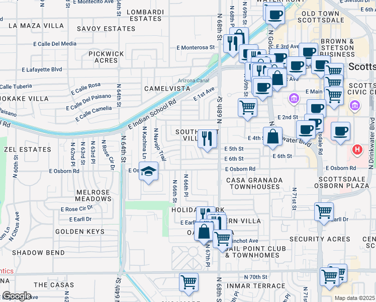 map of restaurants, bars, coffee shops, grocery stores, and more near 3516 North Hopi Way in Scottsdale