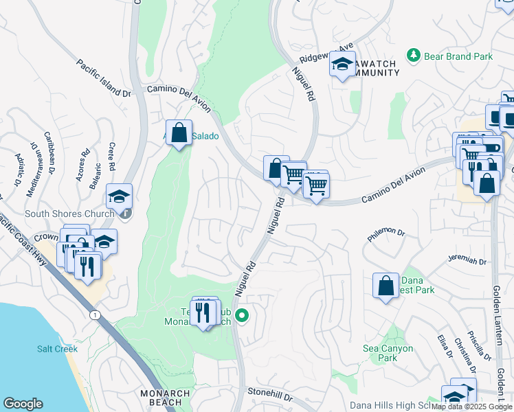 map of restaurants, bars, coffee shops, grocery stores, and more near 68 Corniche Drive in Dana Point