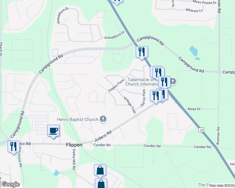 map of restaurants, bars, coffee shops, grocery stores, and more near 133 Vintage Trail in McDonough