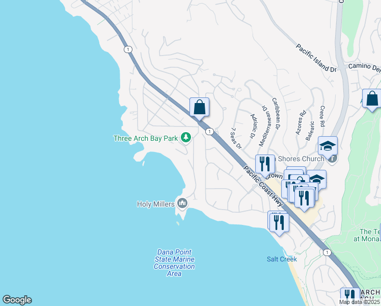 map of restaurants, bars, coffee shops, grocery stores, and more near 60 South La Senda Drive in Laguna Beach