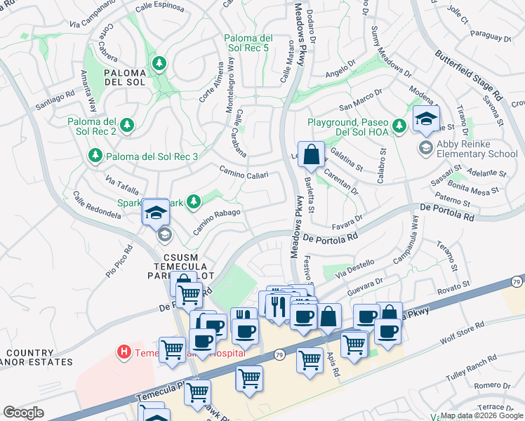 map of restaurants, bars, coffee shops, grocery stores, and more near 32215 Vía Bejarano in Temecula