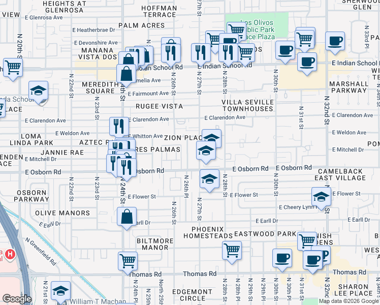 map of restaurants, bars, coffee shops, grocery stores, and more near 3507 North 26th Place in Phoenix
