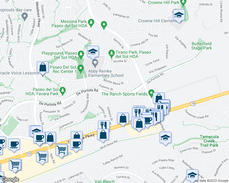 map of restaurants, bars, coffee shops, grocery stores, and more near 32945 Paterno Street in Temecula
