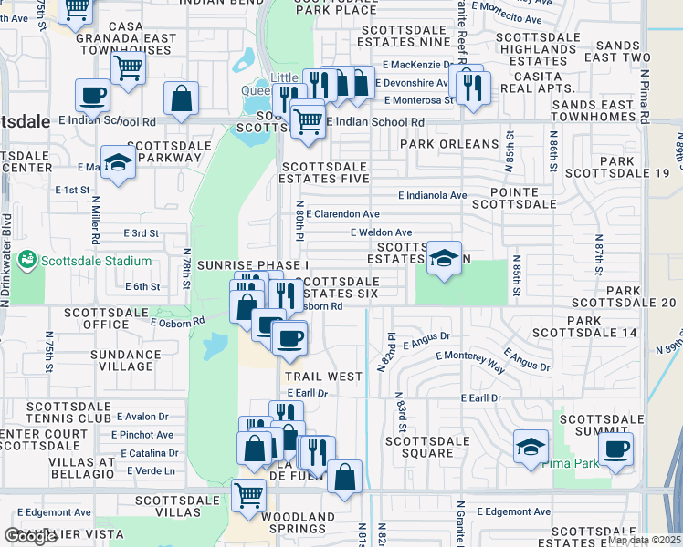 map of restaurants, bars, coffee shops, grocery stores, and more near 8127 East Whitton Avenue in Scottsdale