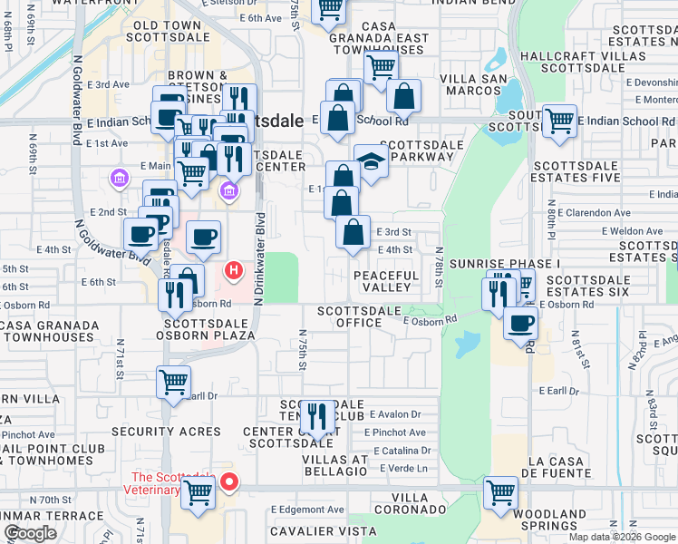 map of restaurants, bars, coffee shops, grocery stores, and more near 3524 North Miller Road in Scottsdale