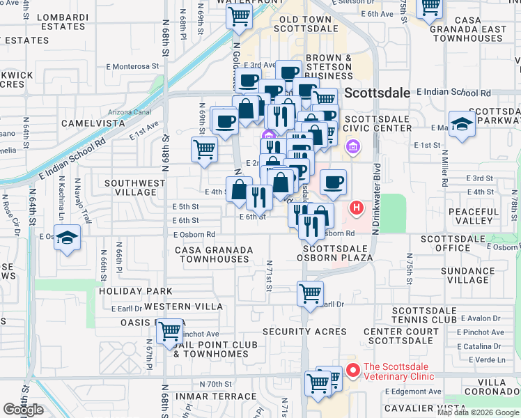 map of restaurants, bars, coffee shops, grocery stores, and more near 3600 North Marshall Way in Scottsdale