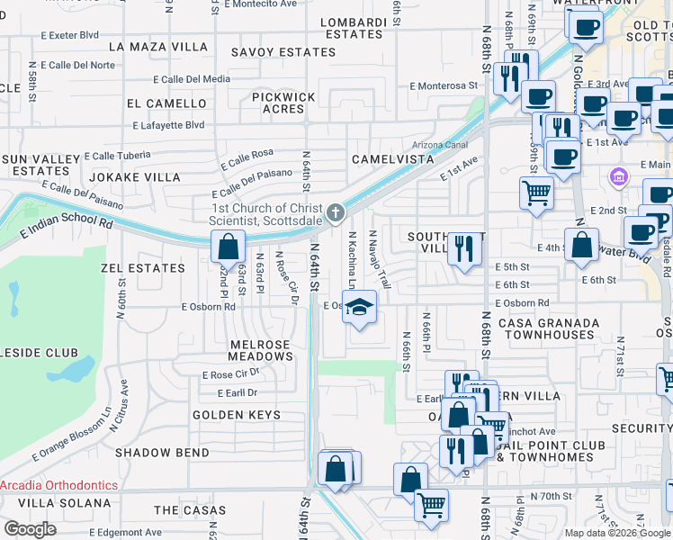 map of restaurants, bars, coffee shops, grocery stores, and more near 3513 North 64th Street in Scottsdale