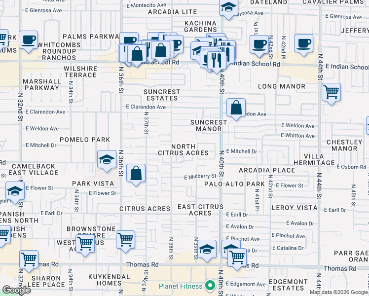 map of restaurants, bars, coffee shops, grocery stores, and more near 3437 North 38th Street in Phoenix