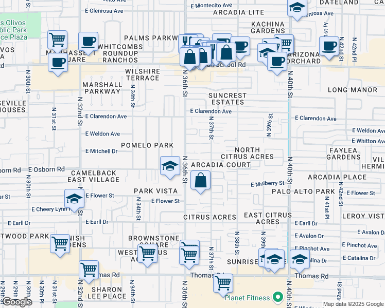 map of restaurants, bars, coffee shops, grocery stores, and more near 3439 North 36th Street in Phoenix