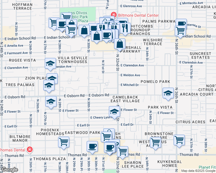 map of restaurants, bars, coffee shops, grocery stores, and more near in Phoenix