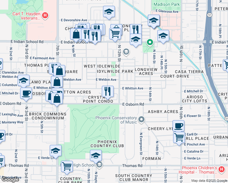 map of restaurants, bars, coffee shops, grocery stores, and more near 1105 East Whitton Avenue in Phoenix