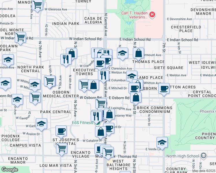 map of restaurants, bars, coffee shops, grocery stores, and more near 3550 North Central Avenue in Phoenix