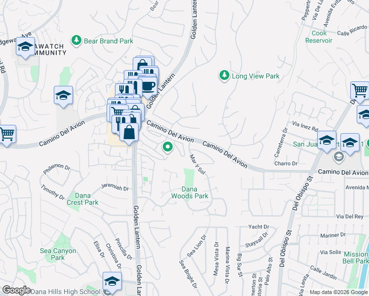 map of restaurants, bars, coffee shops, grocery stores, and more near 1 Terraza Del Mar in Dana Point