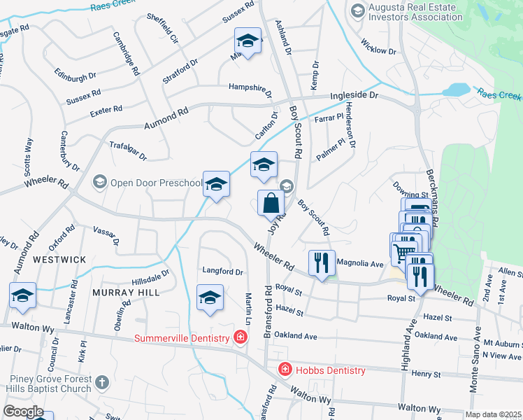 map of restaurants, bars, coffee shops, grocery stores, and more near 2812 Joy Road in Augusta