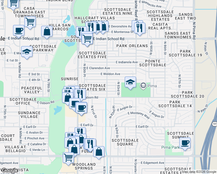 map of restaurants, bars, coffee shops, grocery stores, and more near 8201 East Whitton Avenue in Scottsdale