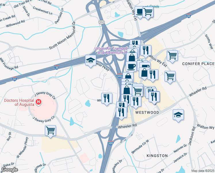 map of restaurants, bars, coffee shops, grocery stores, and more near 2900 Perimeter Parkway in Augusta